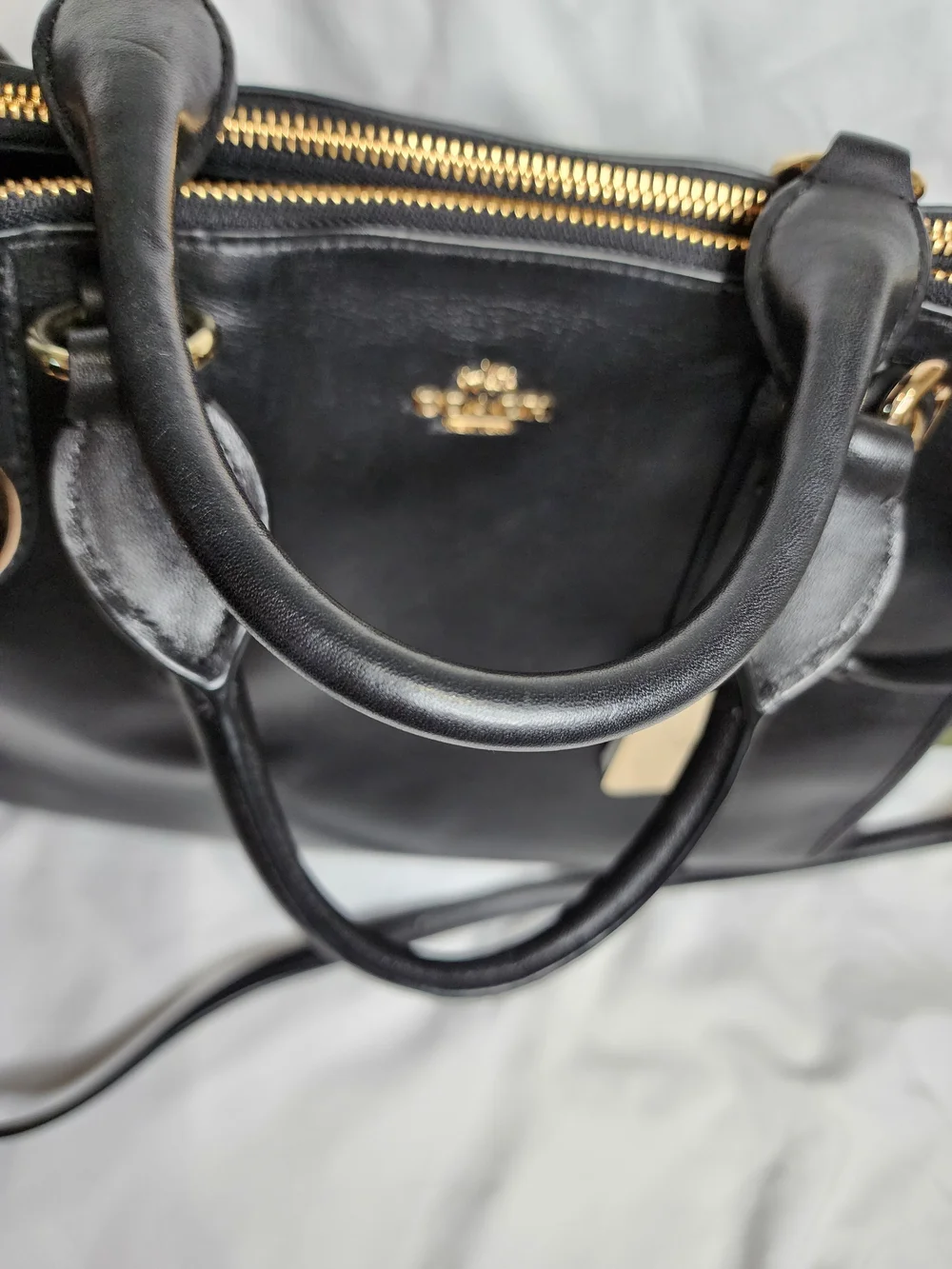 COACH Black Leather Double Zip Satchel Bag Gold Hardware Shoulder Carryall Excel